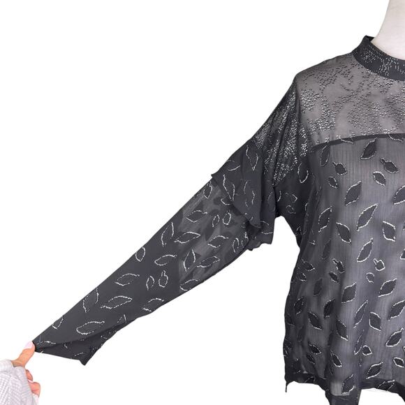BCBGMaxazria Black Sheer Chiffon Silver Metallic Leaf Print High Neck Blouse - Picture 11 of 15